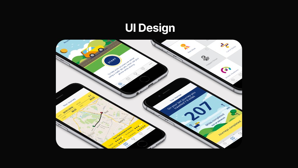 Four overlapping iPhone mockups showing record start, badges, journey map with scores, and mileage progress.