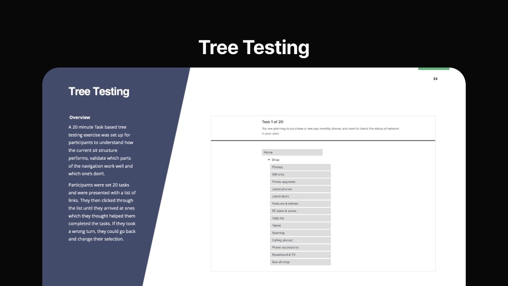 Tree testing interface showing task one of twenty: finding network status when buying a pay monthly phone.
