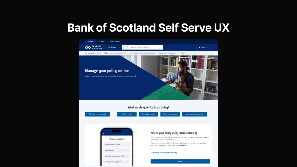 Bank of Scotland self-serve insurance page with hero, action buttons, and mobile app preview.