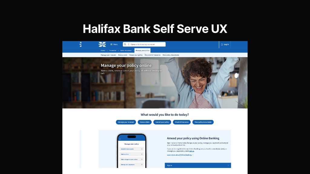 Halifax home insurance manage your policy page with hero image and five blue action buttons.