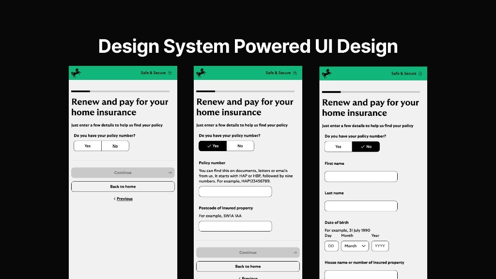 Three Lloyds Bank mobile screens for home insurance renewal with Yes or No policy number and dynamic form fields.