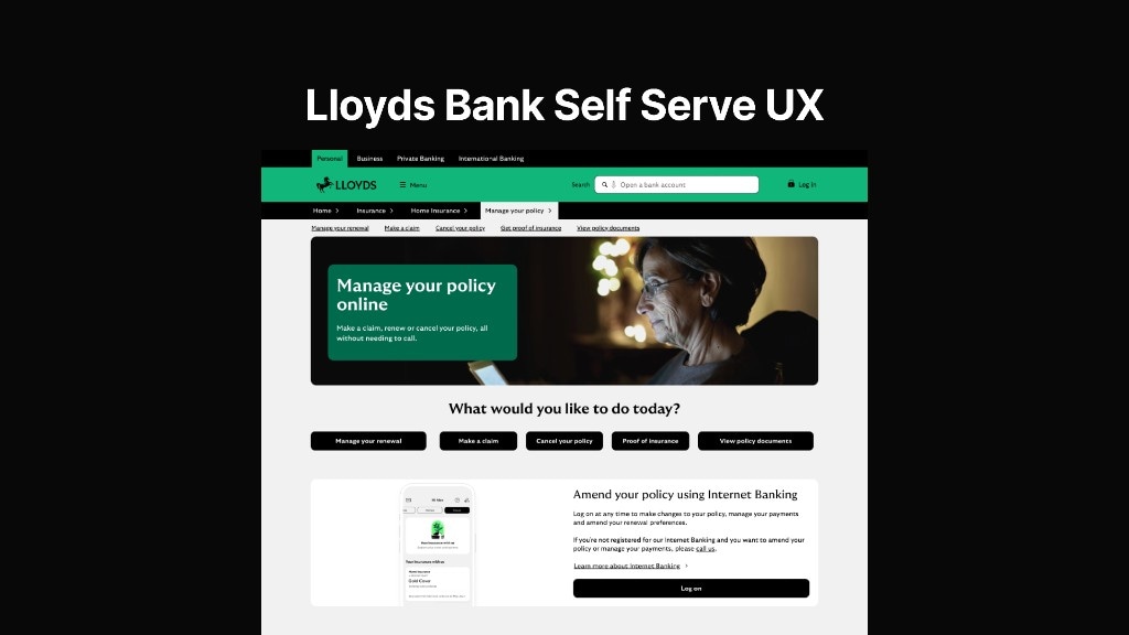 Lloyds Bank desktop self-serve insurance page with hero, task buttons, and Internet Banking amend module.