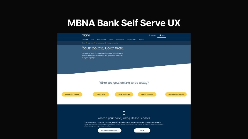MBNA home insurance self-serve page with hero, yellow action buttons, and Online Services amend section.