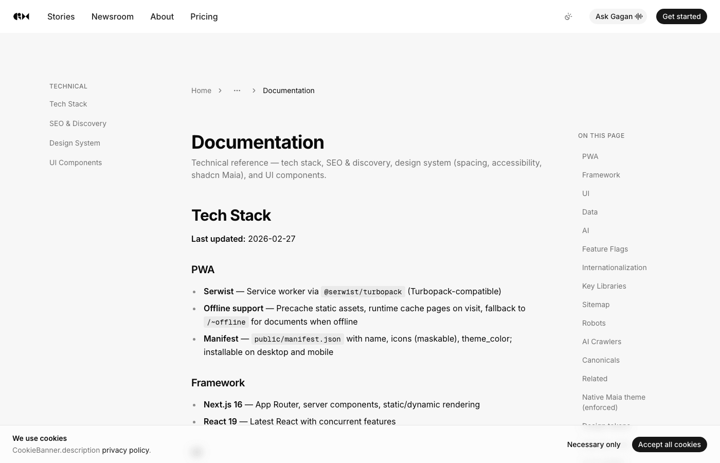 In-app documentation covering tech stack, SEO, design system, and shadcn Maia.