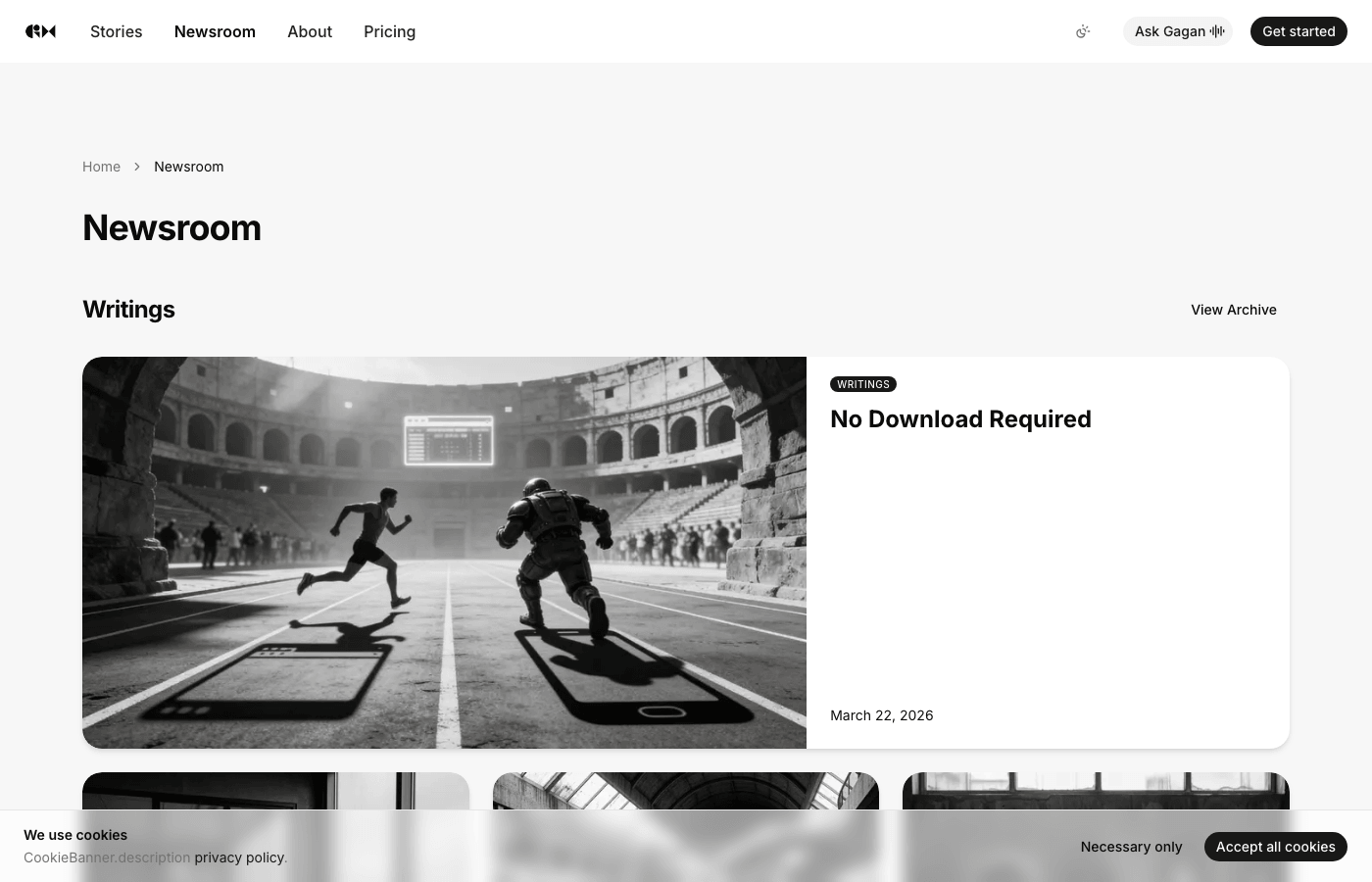 Newsroom listing with articles, media types, and editorial layout.