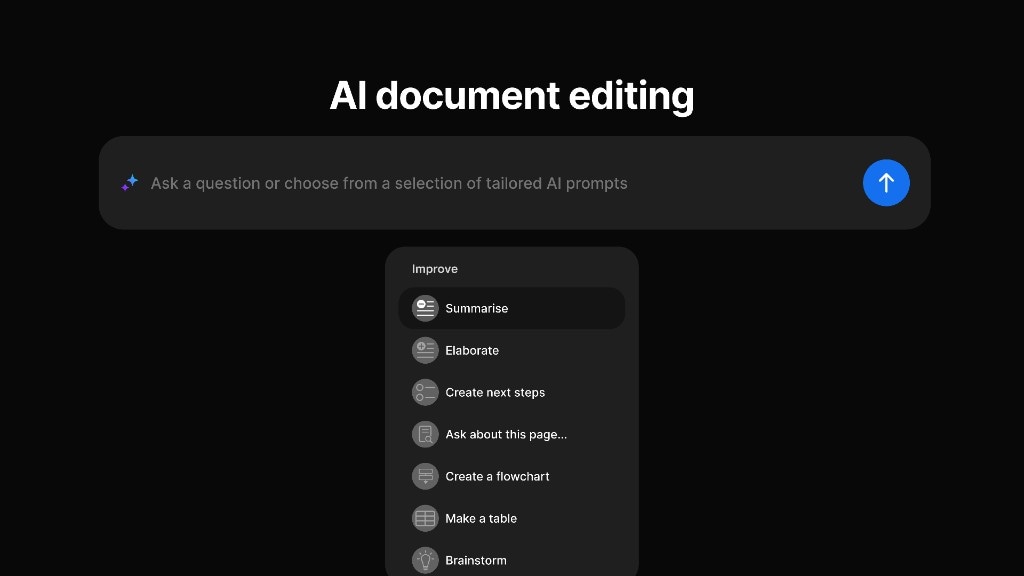 Presto AI document editing bar with prompt menu for summarise, elaborate, and other actions