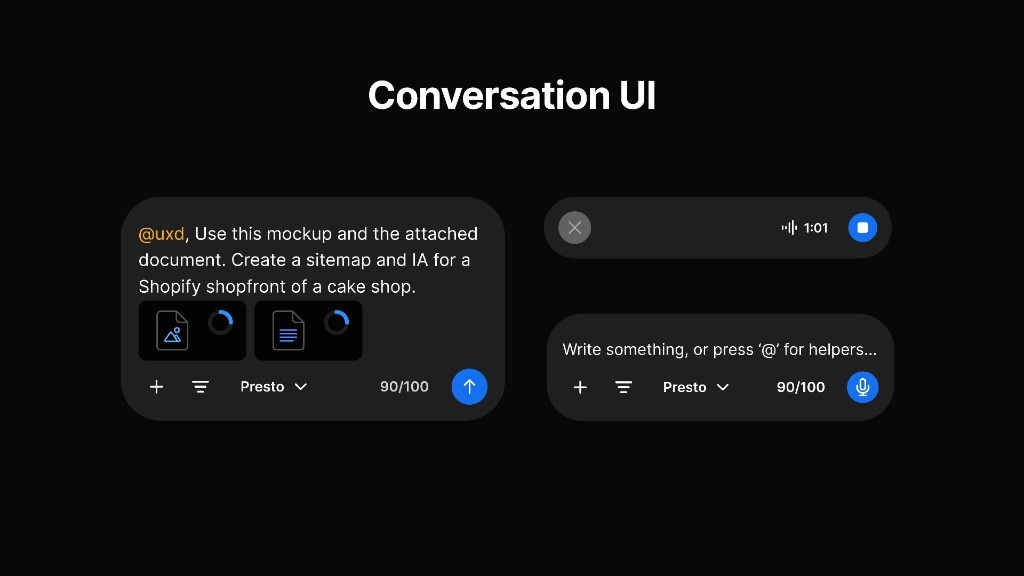 Presto conversation UI with message input, attachments, voice recording, and send