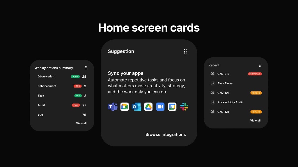Presto home dashboard with weekly actions summary, app integrations suggestion, and recent items