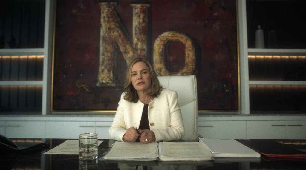 Boardroom with "NO" wall art — Fargo Season 5.