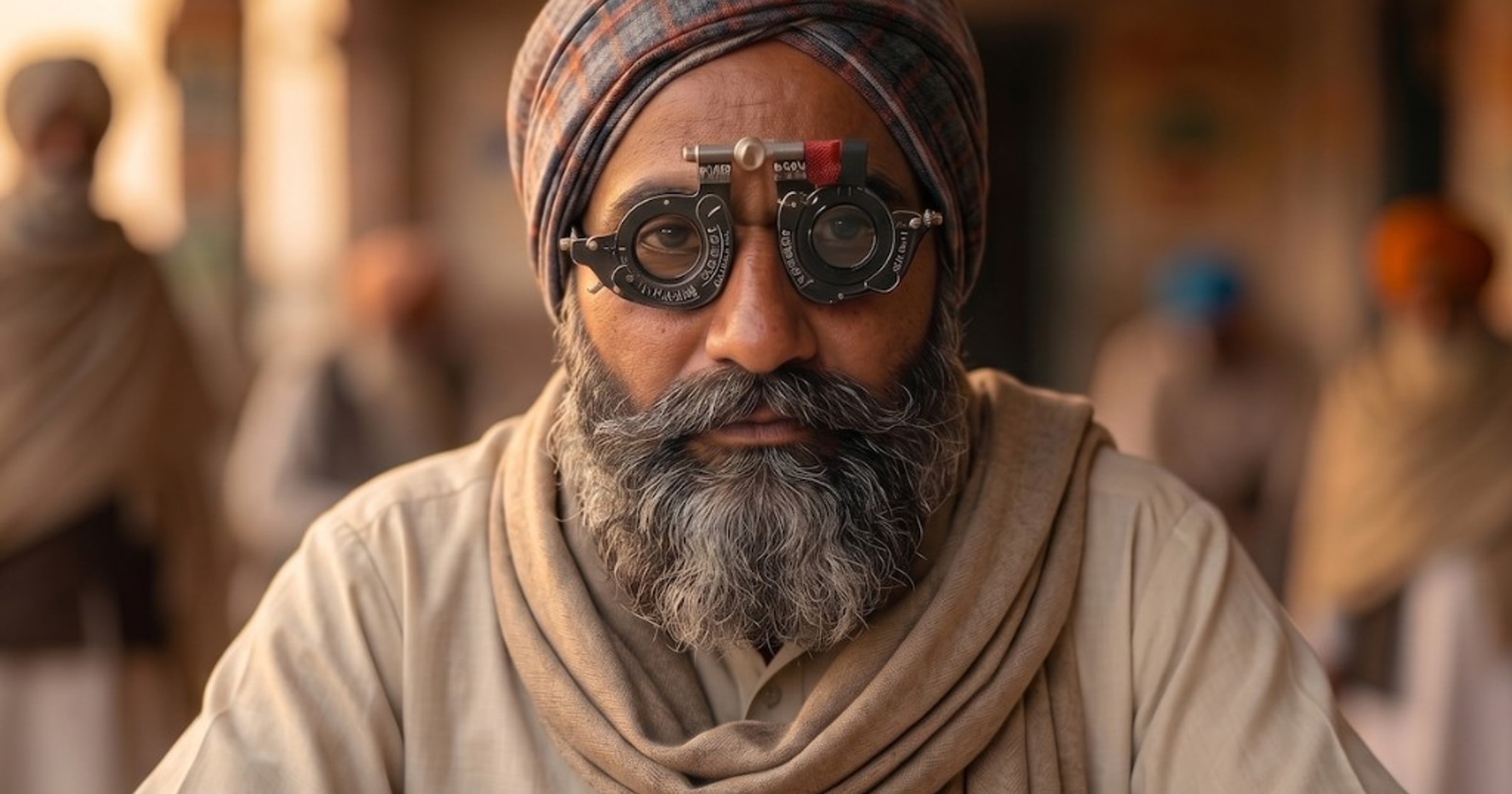A bearded man in a plaid turban and shawl, looking at the camera through a black optometrist's trial frame